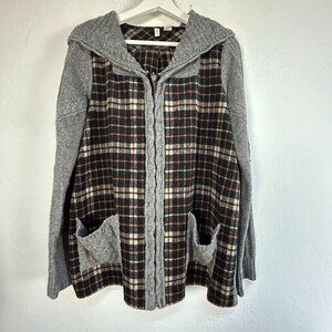 Anthropologie Moth Womens Derry Plaid Wool Blend Zip Hooded Jacket Large Gray